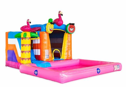 Klein splash bounce springkussen in thema flamigo met of zonder bad bestellen voor kinderen bij JB Inflatables Nederland. Koop springkussens bij JB Inflatables Nederland 