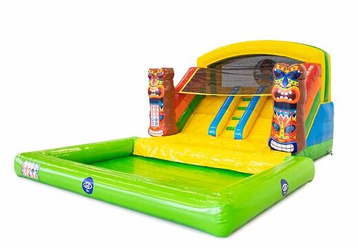Opblaasbaar springkussen met dubbele glijbaan en waterbadje kopen in thema Hawaï voor kinderen bij JB Inflatables Nederlands. Bestel springkussens bij JB Inflatables Nederland
