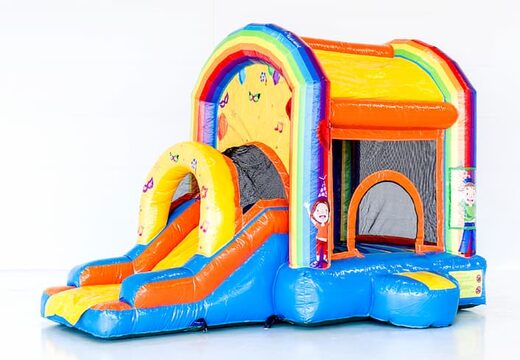 Groot overdekt opblaasbaar springkussen met glijbaan kopen in het thema feest fun voor kinderen