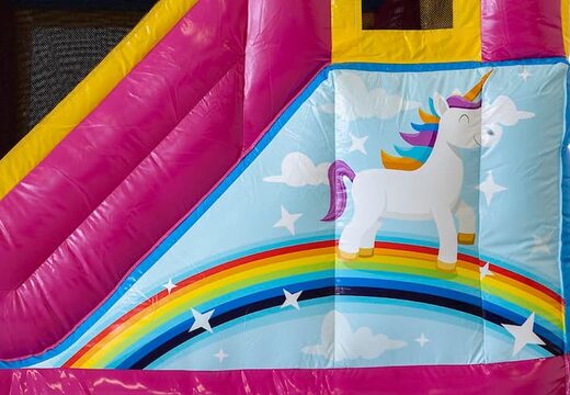 Dmuchany zamek Jumpy Happy Splash różowy z kąpielą wodną z motywem jednorożca. Tęczowy plac wodny dla dzieci zamów online w JB Dmuchance
