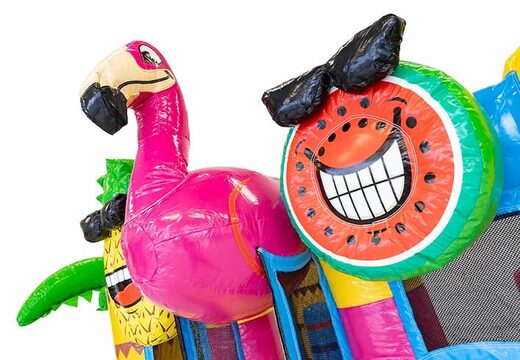 Koop mini multiplay opblaasbare springkussen met glijbaan in flamingo thema voor kinderen. Bestel opblaasbare springkussens met glijbaan online bij JB Inflatables Nederland