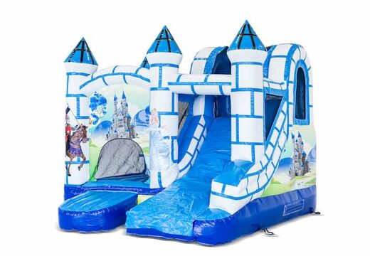 Klein overdekt opblaasbaar multiplay springkussen met glijbaan bestellen in thema blauw wit kasteel voor kinderen. Koop opblaasbare springkussens online bij JB Inflatables Nederland