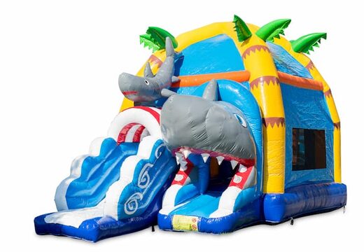 Opblaasbaar overdekt maxifun geel groen springkussen kopen in thema super haai voor kinderen. Bestel springkussens online bij JB Inflatables Nederland