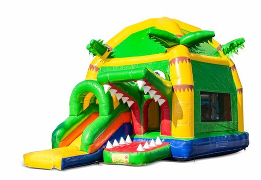 Opblaasbaar overdekt maxifun geel groen springkussen kopen in thema super krokodil voor kinderen. Bestel springkussens nu online bij JB Inflatables Nederland