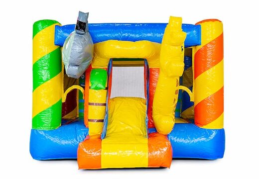 Koop mini opblaasbare multiplay springkussen in feest thema met glijbaan voor kinderen. Bestel opblaasbare springkussens online bij JB Inflatables Nederland