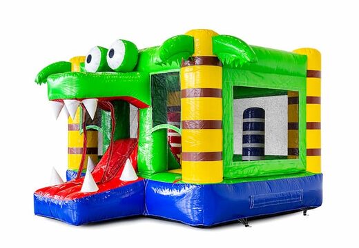 Opblaasbaar multiplay mini springkussen met glijbaan voor kinderen in thema krokodil kopen. Bestel springkussens online bij JB Inflatables Nederland