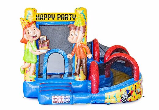 Mini opblaasbare multiplay springkasteel in feest thema te bestellen voor kinderen. Bestel opblaasbare springkastelen online at JB Inflatables Nederland