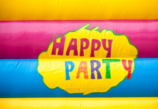 Overdekt multifun luchtkussen met glijbaan in party thema met 3D object op het dak kopen voor kids. Bestel luchtkussens online bij JB Inflatables Nederland