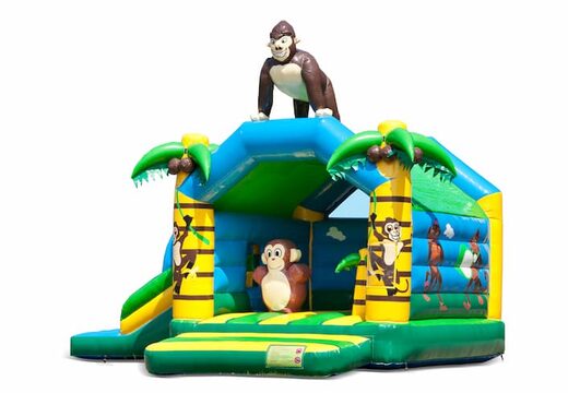 Opblaasbaar overdekt multifun springkussen met glijbaan kopen in thema jungle met gorilla voor kinderen. Bestel springkussens online bij JB Inflatables Nederland