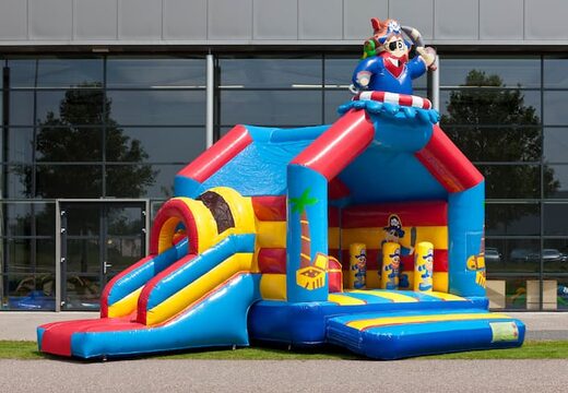 Opblaasbaar overdekt multiplay multifun springkussen met glijbaan bestellen in thema piraat voor kinderen. Koop springkussens online bij JB Inflatables Nederland