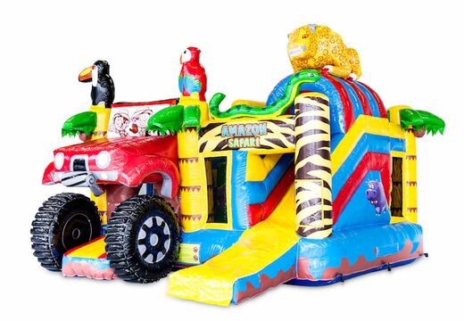 Overdekt opblaasbaar multiplay springkussen met glijbaan kopen in thema amazon safari voor kinderen. Bestel opblaasbare springkussens online bij JB Inflatables Nederland