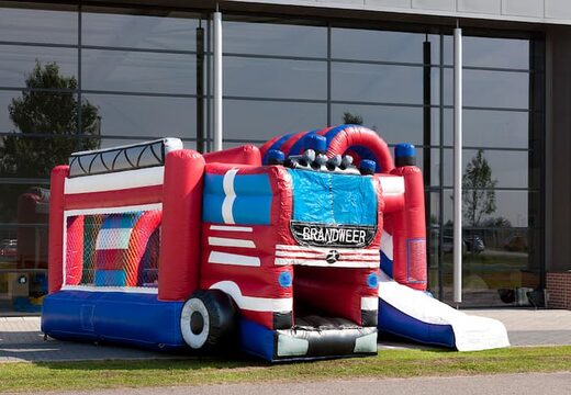 Medium opblaasbare multiplay springkasteel in brandweer auto thema te bestellen voor kinderen. Bestel opblaasbare springkastelen online at JB Inflatables Nederland