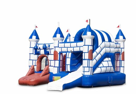Overdekt opblaasbaar multiplay springkussen met glijbaan kopen in thema blauw wit kasteel voor kinderen. Bestel opblaasbare springkussens online bij JB Inflatables Nederland