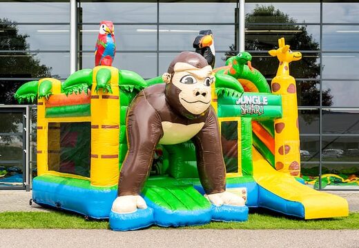 Multiplay springkasteel met slide in thema safari gorilla bestellen voor kinderen. Koop opblaasbare springkastelen online bij JB Inflatables Nederland