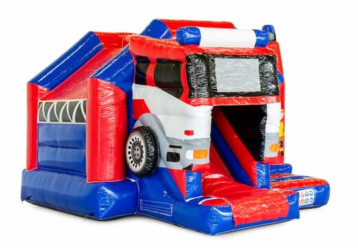 Koop opblaasbare slide combo brandweer springkussen in rood en blauwe kleur voor kinderen. Bestel opblaasbare springkussens met glijbaan bij JB Inflatables Nederland