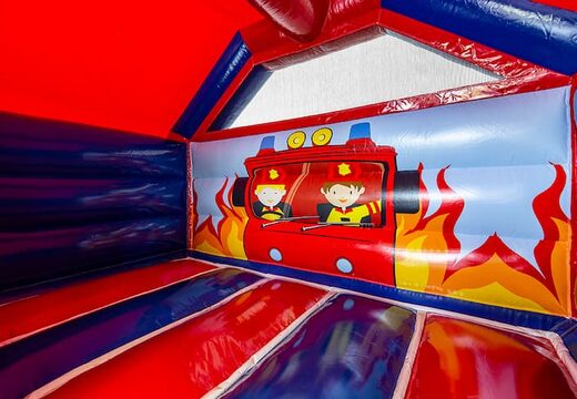 Bestel opblaasbare slide combo brandweer luchtkussen in rood en blauwe kleur voor kinderen. Opblaasbare luchtkussens met glijbaan te koop bij JB Inflatables Nederland