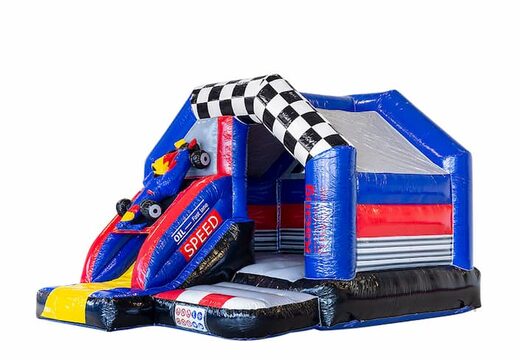 Klein overdekt opblaasbaar multiplay springkussen met glijbaan kopen in thema formule 1 voor kinderen. Bestel opblaasbare springkussens met glijbaan bij JB Inflatables Nederland