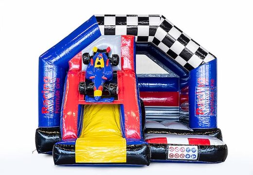 Opblaasbare slide combo luchtkussen in thema formule 1 te koop voor kinderen. Bestel nu opblaasbare luchtkussens met glijbaan bij JB Inflatables Nederland