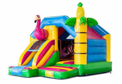 Opblaasbaar slide combo springkussen met roze flamingo kopen voor kinderen. Bestel springkussens in flamingo thema bij JB Inflatables Nederland