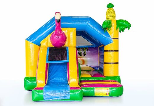 Koop opblaasbare slide combo springkussen met glijbaan in flamingo thema voor kinderen. Bestel springkussens bij JB Inflatables Nederland