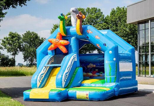 Koop opblaasbare slide combo springkussen in seaworld thema voor kinderen. Bestel nu opblaasbare springkussens met glijbaan bij JB Inflatables Nederland