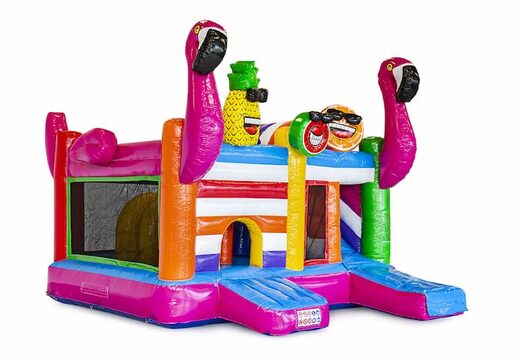 Medium opblaasbare multiplay springkasteel in flamingo thema te bestellen voor kinderen. Koop opblaasbare springkastelen online at JB Inflatables Nederland