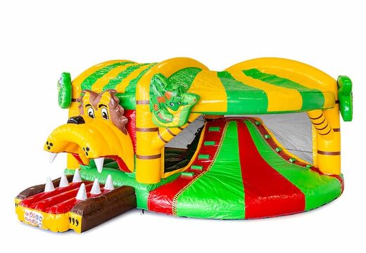 Opblaasbaar overdekt multiplay luchtkussen met glijbaan kopen in thema jungle voor kinderen. Bestel opblaasbare luchtkussens online bij JB Inflatables Nederland