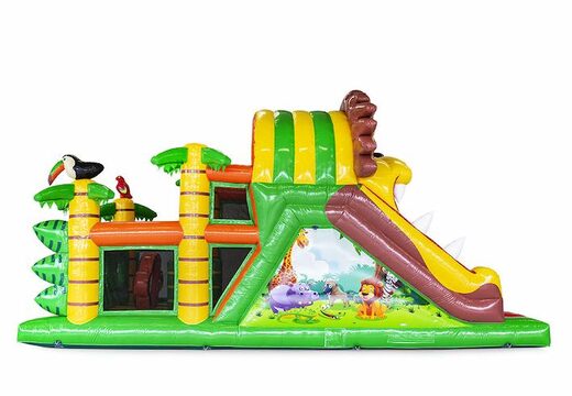 Jungle themed 9 m opblaasbare stormbaan voor kinderen kopen. Bestel opblaasbare stormbanen nu online bij JB Inflatables Nederland