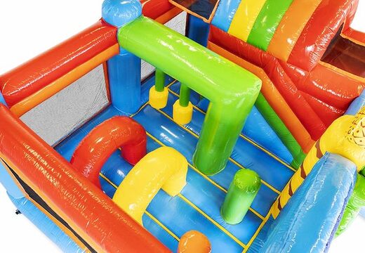 Opblaasbaar luchtkussen tropical thema met glijbanen en objecten in het kussen bestellen voor kinderen