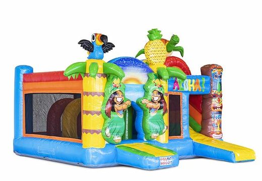 Opblaasbaar springkussen met glijbaan in tropical thema thema bestellen voor kinderen
