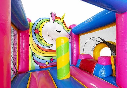 compact opblaasbaar springkussen met glijbaan in unicorn thema te koop