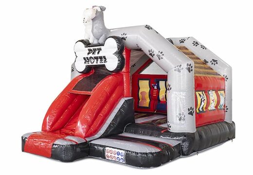 Opblaasbaar springkussen slide combo met glijbaan in dierenhotel thema bestellen voor kinderen