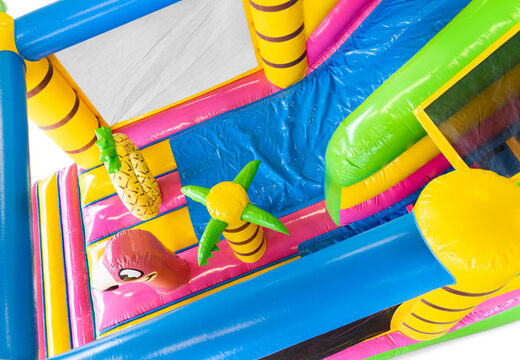 Opblaasbaar springkussen met grote glijbaan bestellen in hawaii thema voor kinderen 