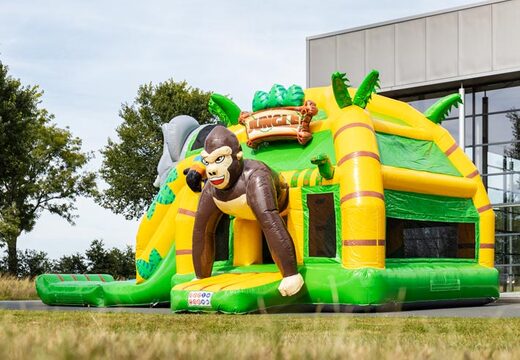 Multi super opblaasbaar springkussen met glijbaan in Jungle thema groen geel kopen voor kinderen