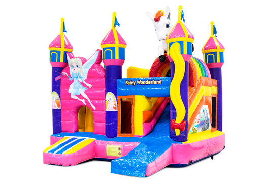 Opblaasbaar springkussen met glijbaan in fairy wonderland thema kopen voor kinderen. Bestel opblaasbare springkussens online at JB Inflatables Nederland 