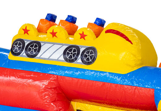 Achtbaan karretje op opblaasbare stormbaan blauw rood geel