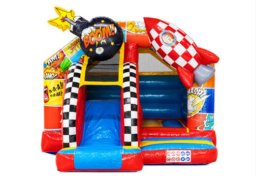 stripfiguren thema op slidecombo glijden en springen op springkussen